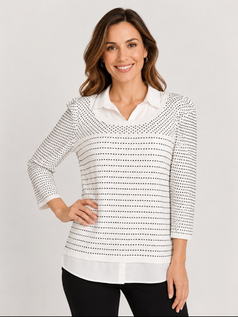 Karl Lagerfeld White & Black Dotted Office Siren Long Sleeve Sweater Top Size M